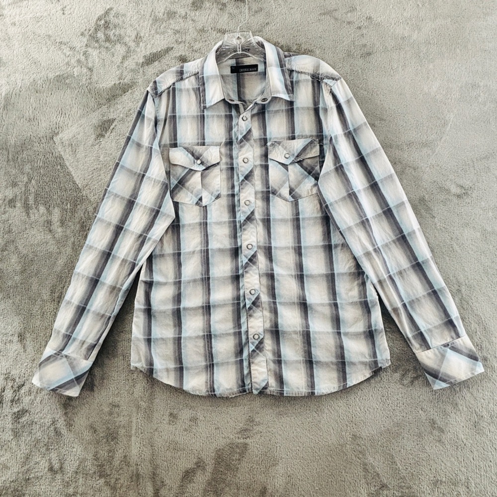 Buckle Black Pearl Snap Shirt Mens M Blue Gray Athletic Fit Plaid BB081FPW